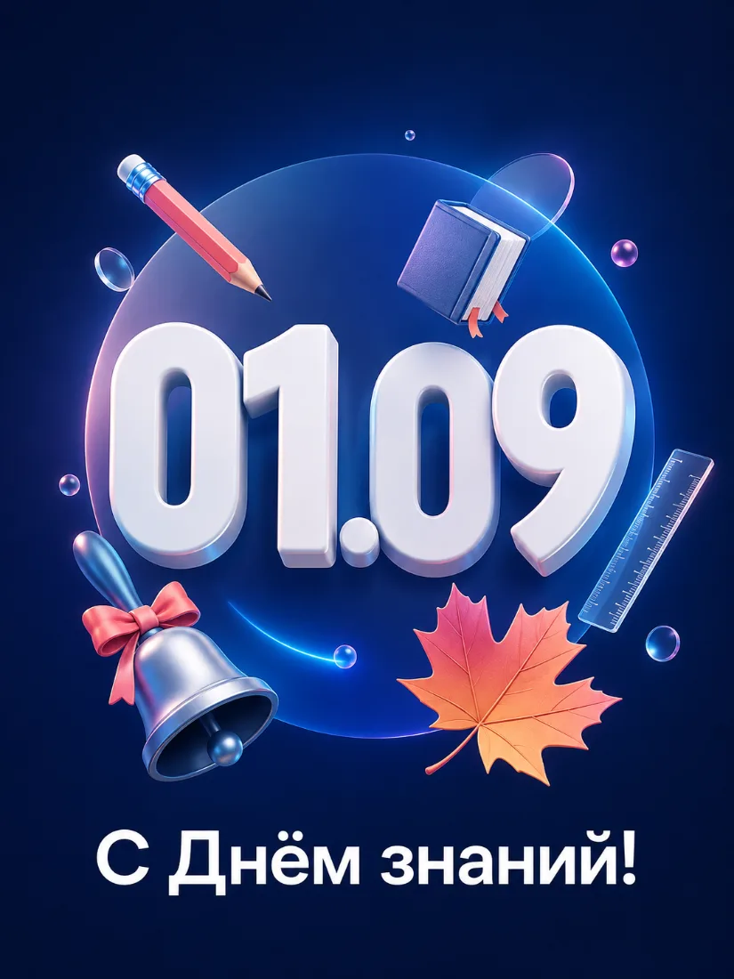 3D-открытка «С Днём знаний!» с датой 01.09, колокольчиком и кленовым листом