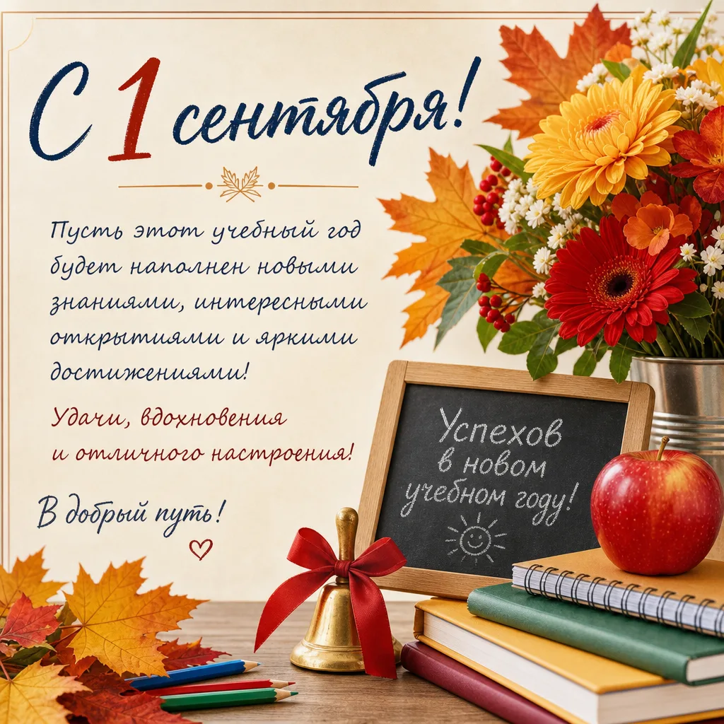 Открытка «С 1 сентября!» с рукописным поздравлением, букетом и колокольчиком