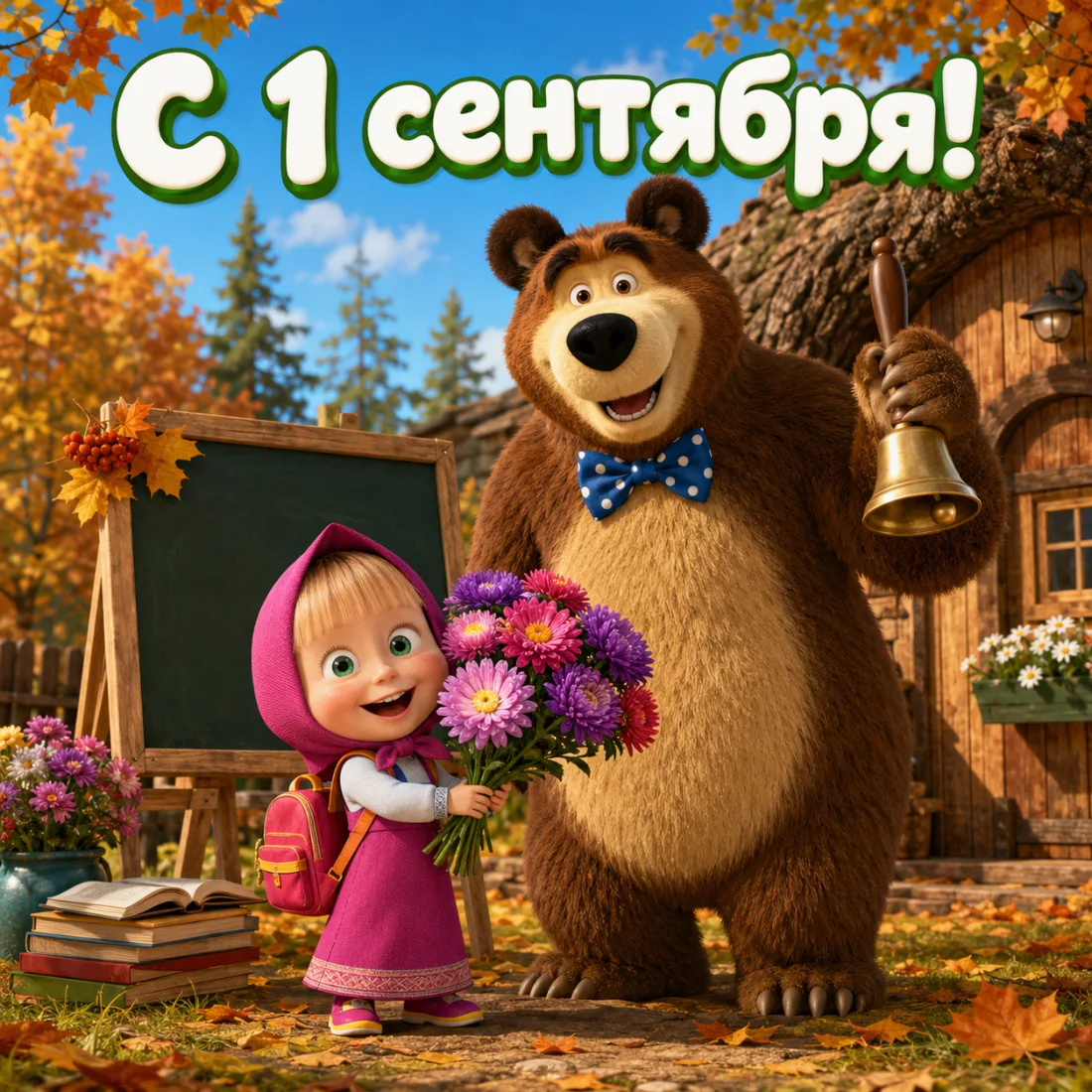 Мультяшная открытка «С 1 сентября!» с девочкой, медведем и букетом у школьной доски