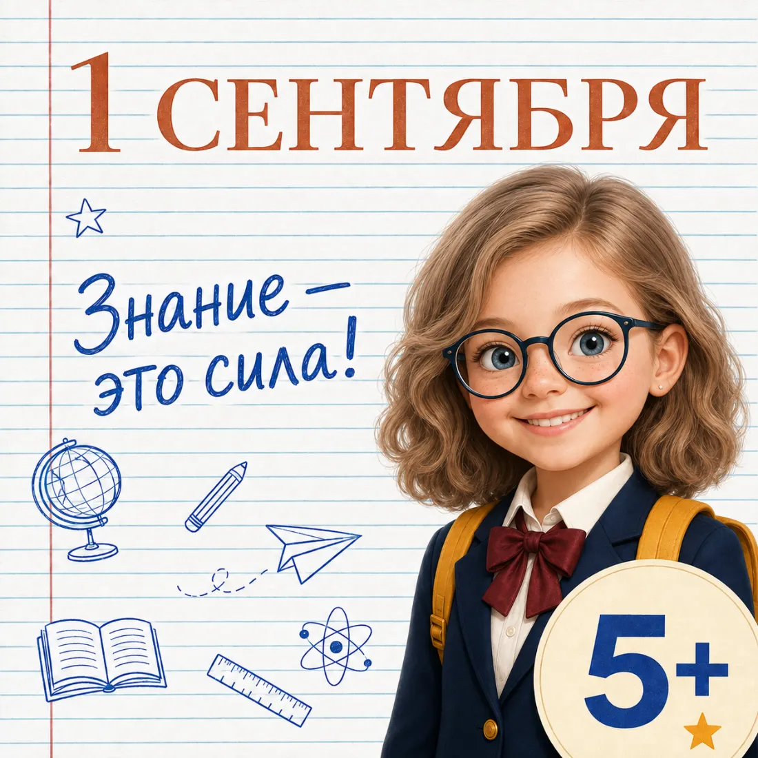 Минималистичная открытка к 1 сентября с книгами и школьными принадлежностями