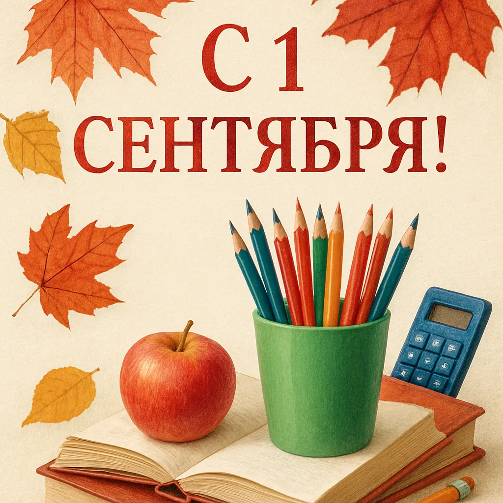 Ретро-открытка «С 1 сентября!» с цветными карандашами, яблоком и калькулятором