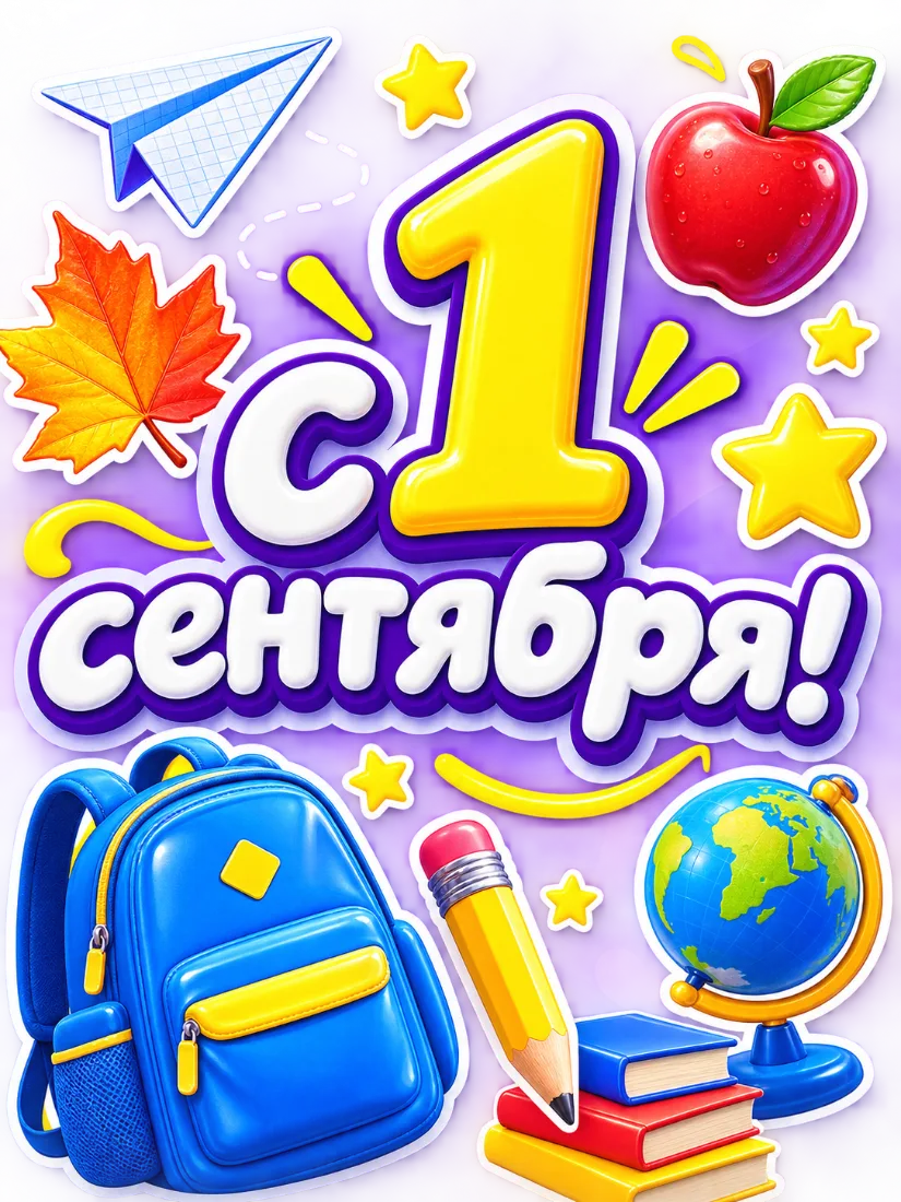 Стикер-открытка «С 1 сентября!» с рюкзаком, глобусом и школьными принадлежностями